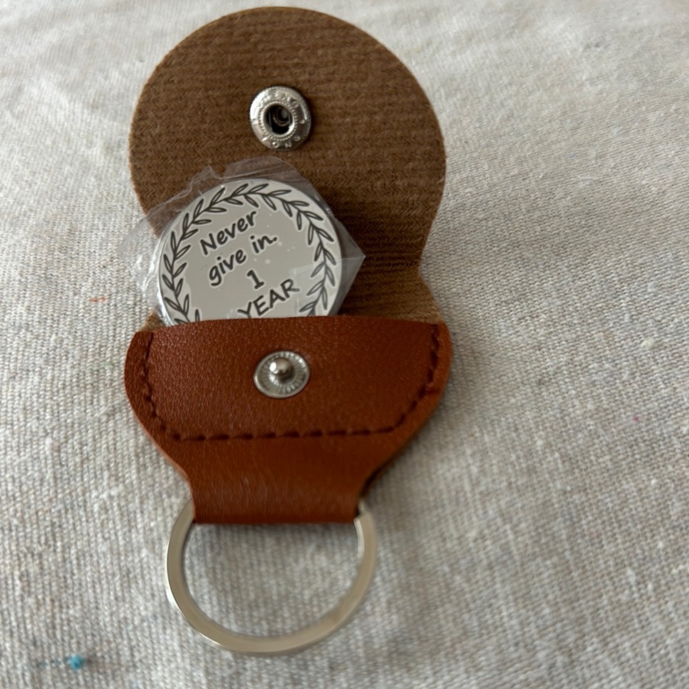 Brown Leather Keychain with 1 Year Sobriety Coin
